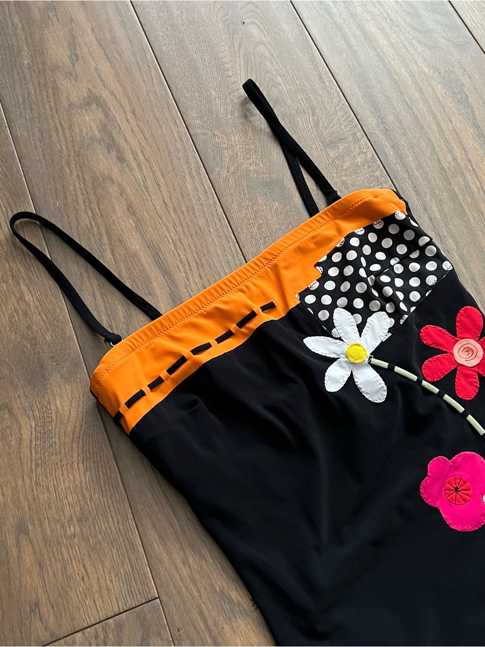 Gottex Black One-Piece Swimsuit with Orange Trim and Floral Appliqués US 8 - Picture 3 of 11